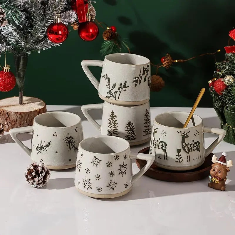Retro Ceramic Coffee Mug Heat-resistant Handgrip Cup For Juice Water Milk Office Kitchen Restaurant Christmas Mug Gift