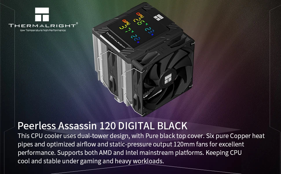Thermalright Peerless Assassin 120 ARGB Digital Black CPU Air Cooler Supports LGA1851/1700/115X/1200/ AMD AM4/AM5