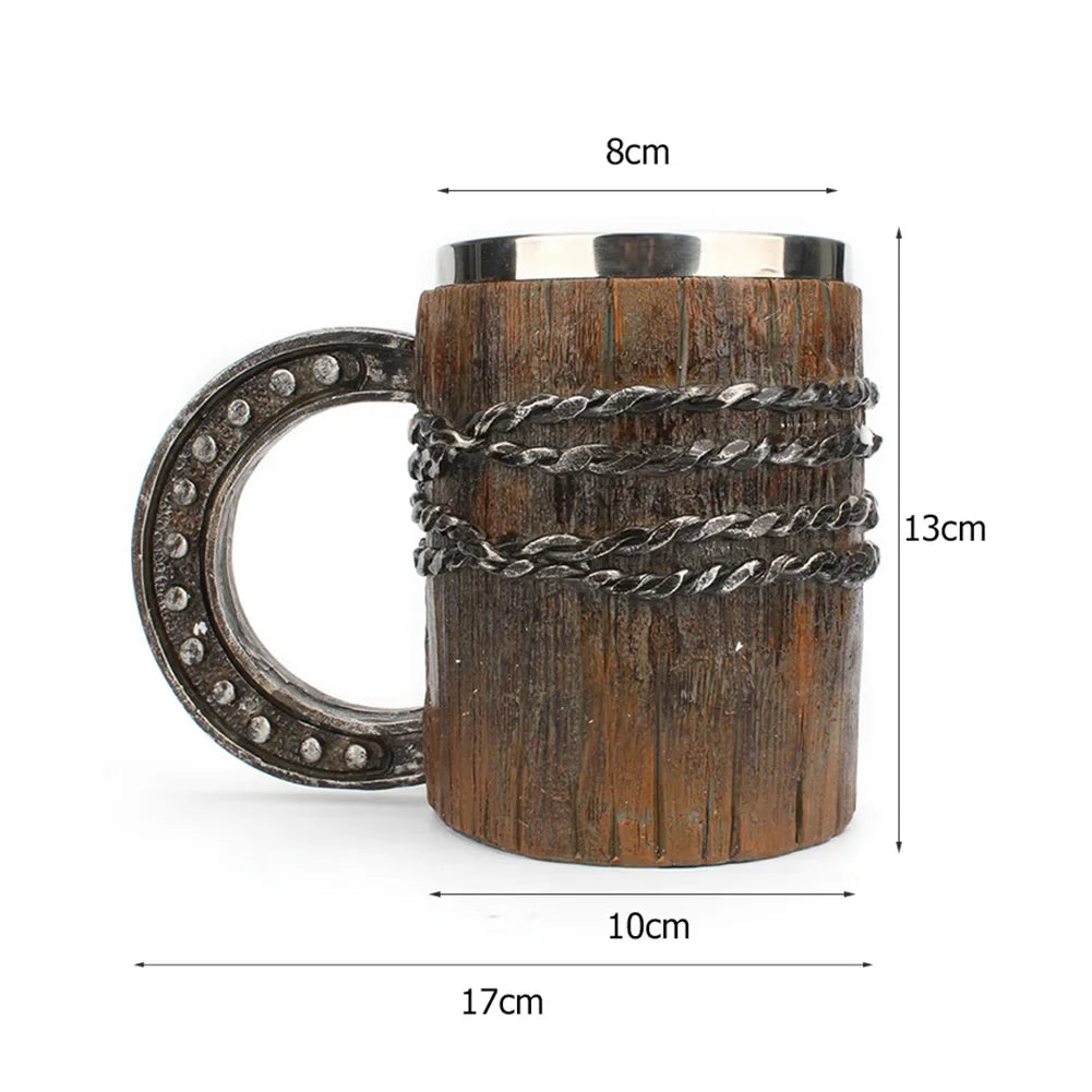 Wooden Barrel Beer Cup Stainless Steel Beer Mug Double Wall Drinking Cups Viking Style Vintage Coffee Mugs Kitchen Supplies