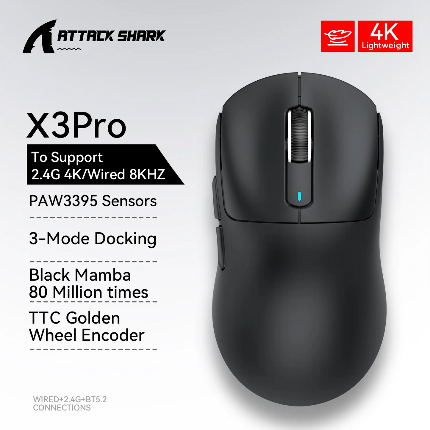X3 ATTACK SHARK X3Pro Bluetooth Gaming Mouse PAW3395 Sensor TTC Encoder Black Mamba Switch and 1K/4K Hz for Wireless Mouse