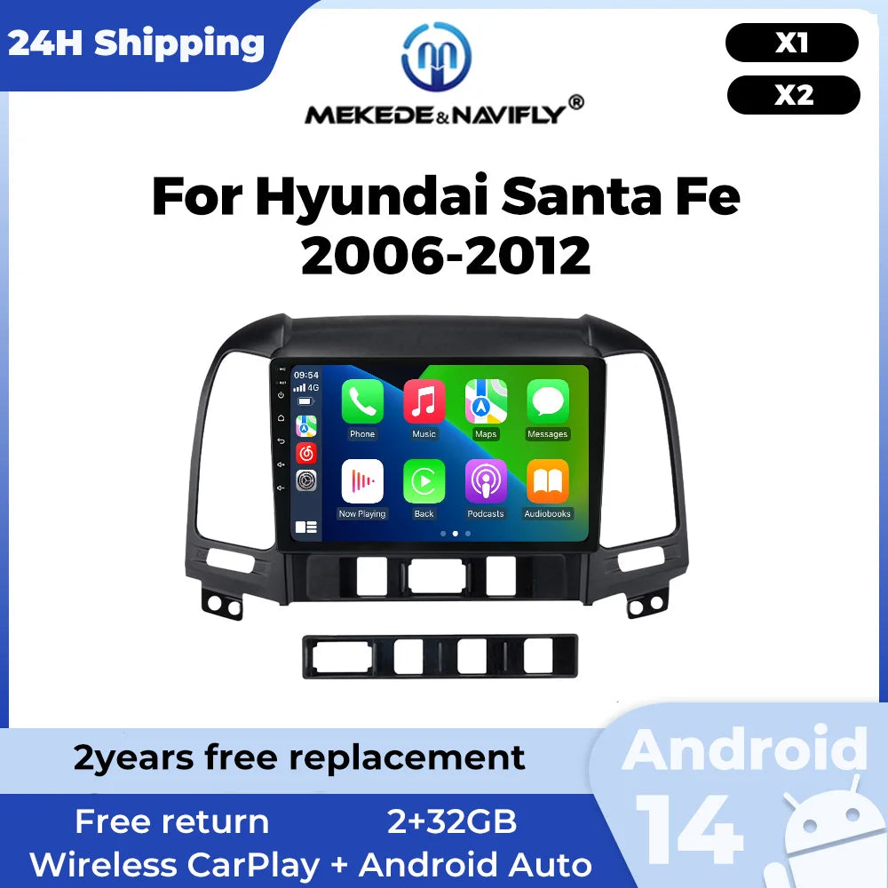 MEKEDE &NAVIFLY Android 14 Wireless Carplay Auto Car Radio for Hyundai Ix45 Santa Fe 2006 - 2012 Multimedia Player GPS FM Stereo