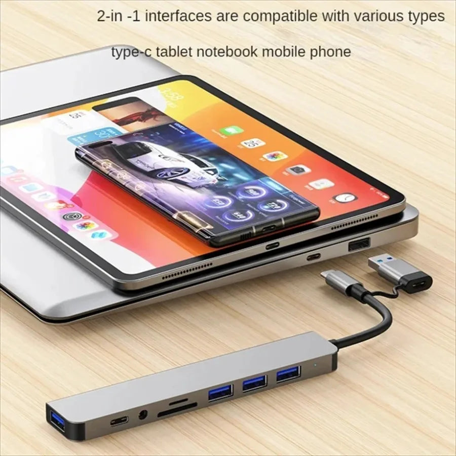 8 In 2 USB +Type C HUB With Splitter Card Reader, USB C Port, USB 3.0 / 2.0, SD/TF Splitter Card Reader, Docking Station