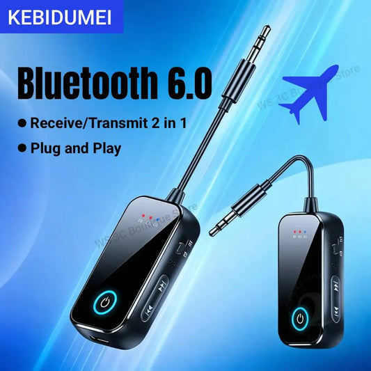 Bluetooth 6.0 AUX Audio Transmitter Receiver 2 IN 1 Wireless Adapter 3.5MM With Mic HiFi Stereo Music For Car TV PC Airplane