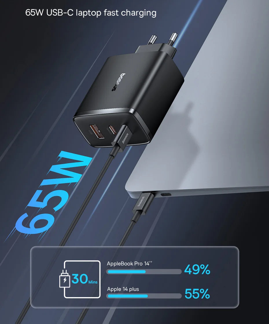 Baseus 65W USB C Charger GaN Charger Support QC PD Charge Portable Fast Charger For iPhone 17 16 15 Xiaomi Laptop Charger