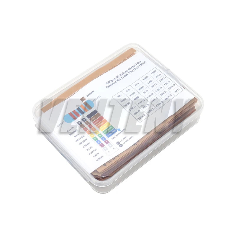 300/600PCS 30Values 1/4W Metal Film Resistor Kit with Box 10Ohm ~1M Resistance 1% Set of Resistors