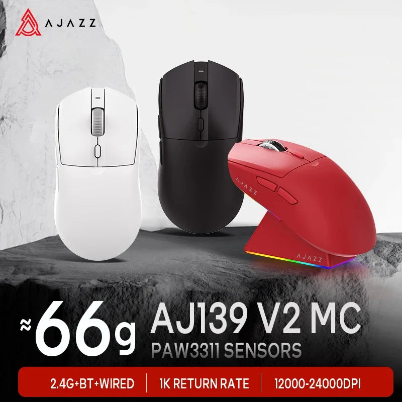 AJAZZ AJ139 V2 MC Three-mode Wired/Bluetooth/2.4G Wireless Gaming Mouse PAW3311 Sensor 500mAh Mouse Suitable for PC Gamers