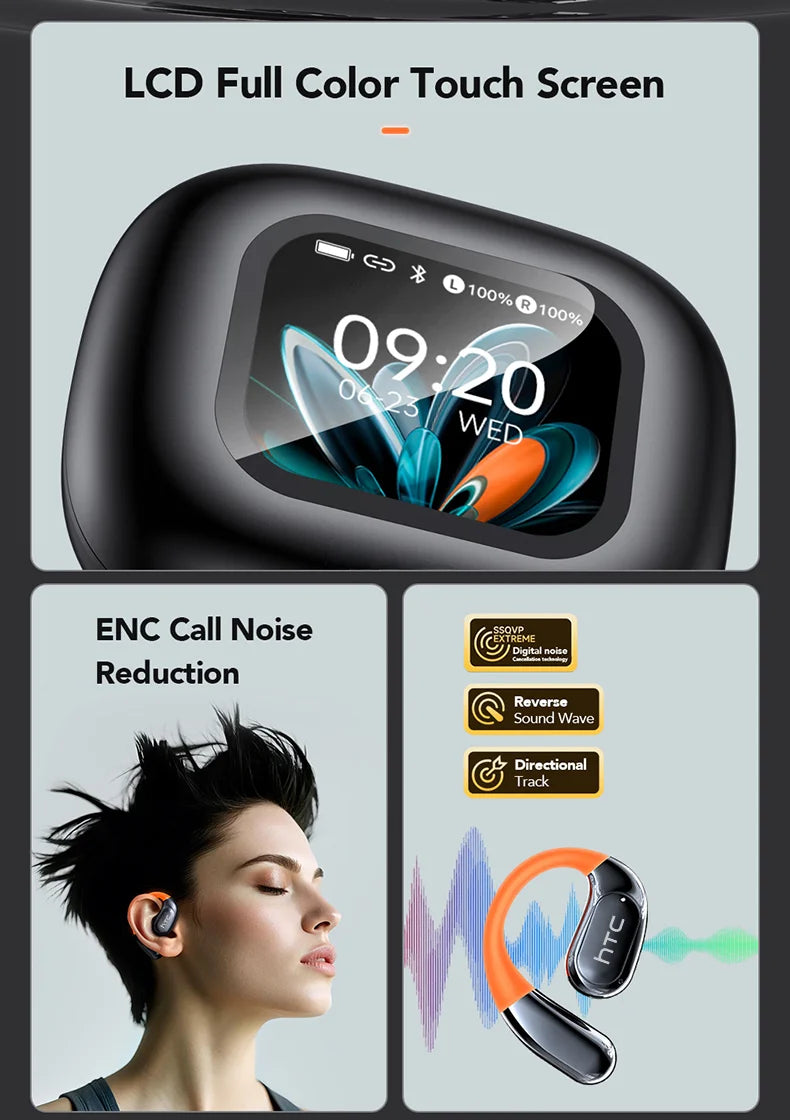 HTC NE27 Wireless Headphones Bluetooth 5.4 AI Translator Earbuds Glowing Earhook Upgraded LCD Touchscreen ENC Noise Reduction