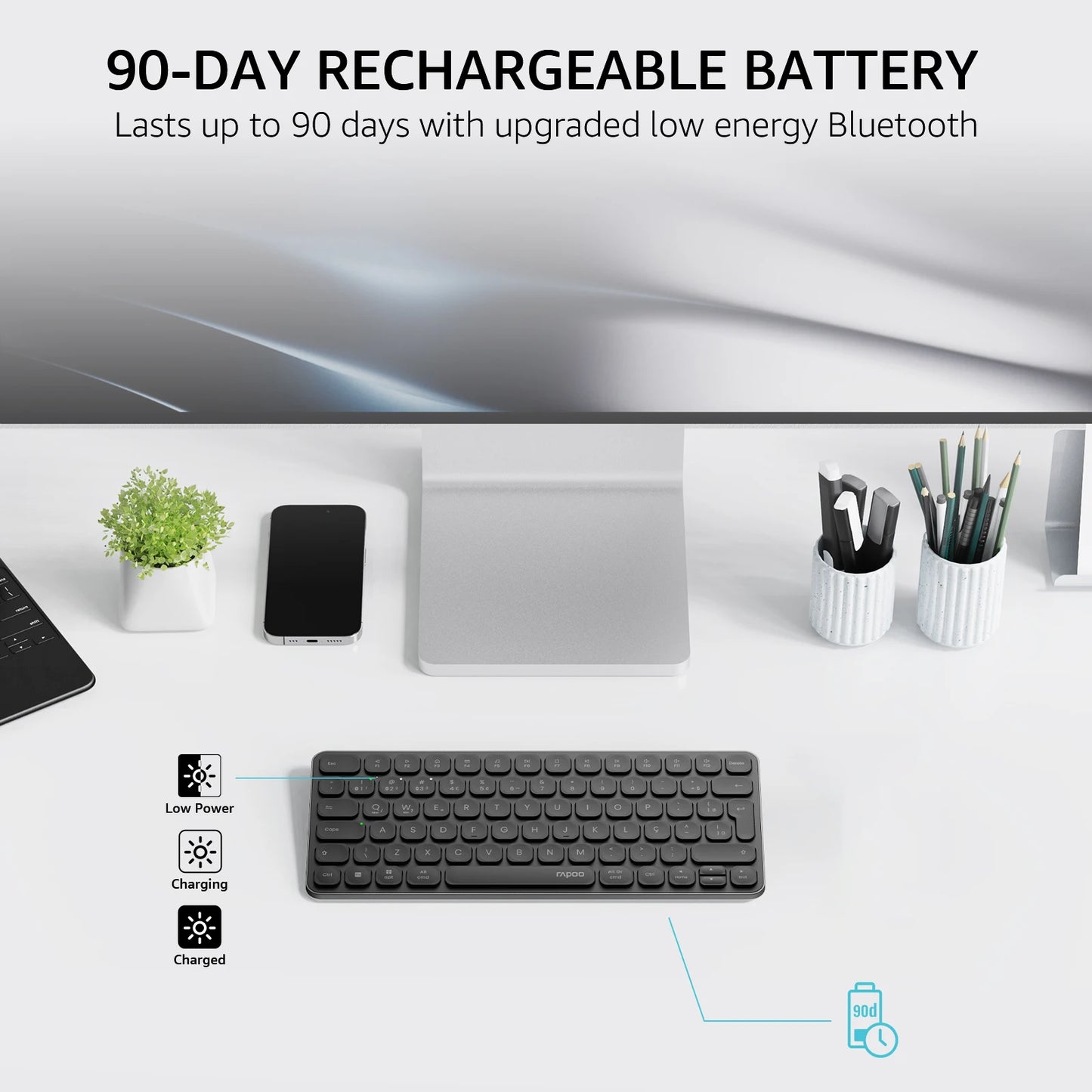 Rapoo E9050L/9010M ABNT2 Portuguese Brazil Multi-Device Bluetooth Wireless Keyboard Black Color with Multimedia Key