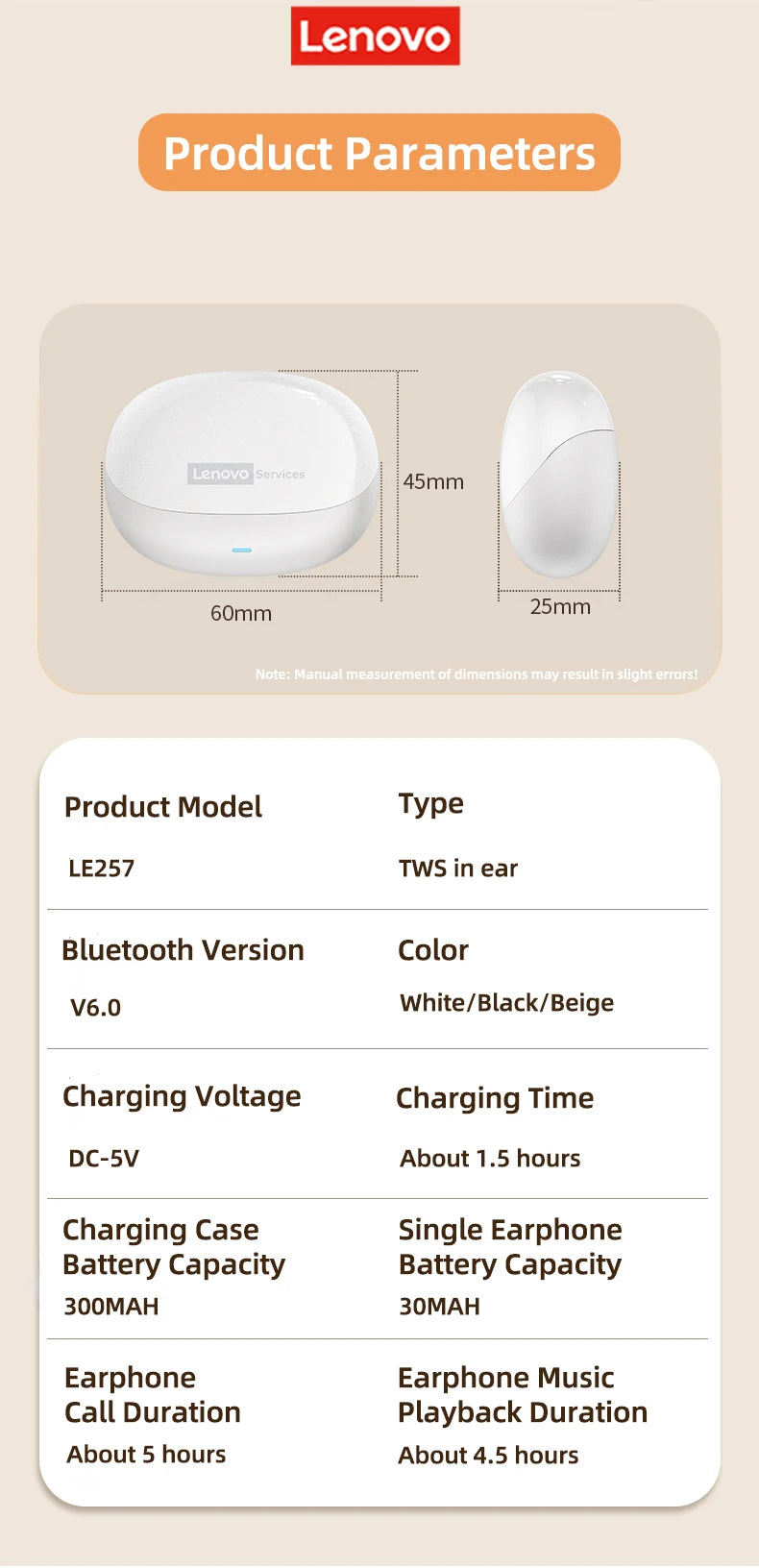  Lenovo LE257 TWS Wireless Bluetooth 6.0 Headphones HiFi Sound ENC Call Noise Reduction Earphone Gaming Sports Headset With Mic