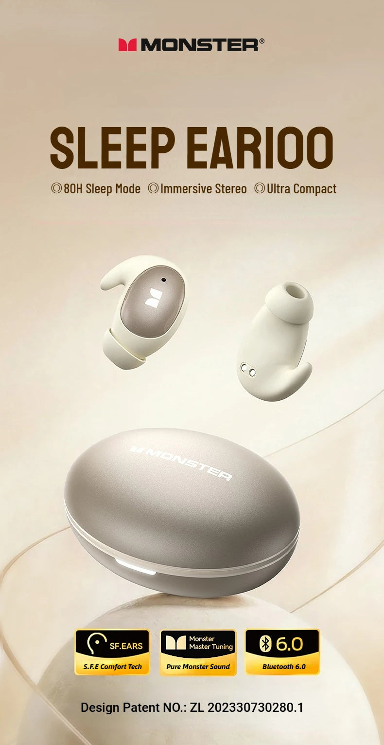 Monster Passive Noise Canceling Sleep Earphone Bluetooth 6.0 Sleep Earbuds for Side Sleepers Hifi Stereo TWS Wireless Headphone