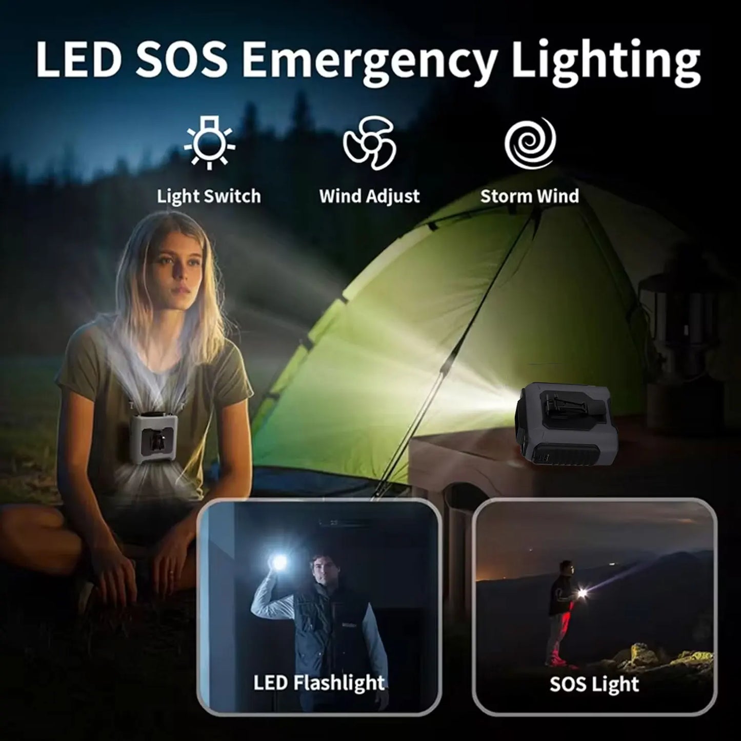 2026 NEW Rechargeable Portable Hands-Free Mini Fan Large Battery With Flashlight 5th Speed Suitable For Outdoor Work Lighting