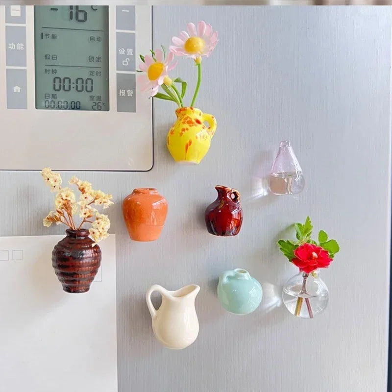 8PCS Mini Ceramics Vase Fridge Magnet DIY Porcelain Vase Refrigerator Magnet Message Sticker flowers Plant on Kitchen Gift