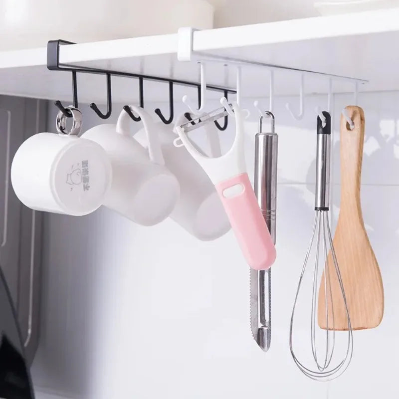6 Hooks Metal  Shelf Hanging Rack Storage Organizer Cups Utensils Wardrobe Kitchen Bathroom Strong Hold Design Home Accessories
