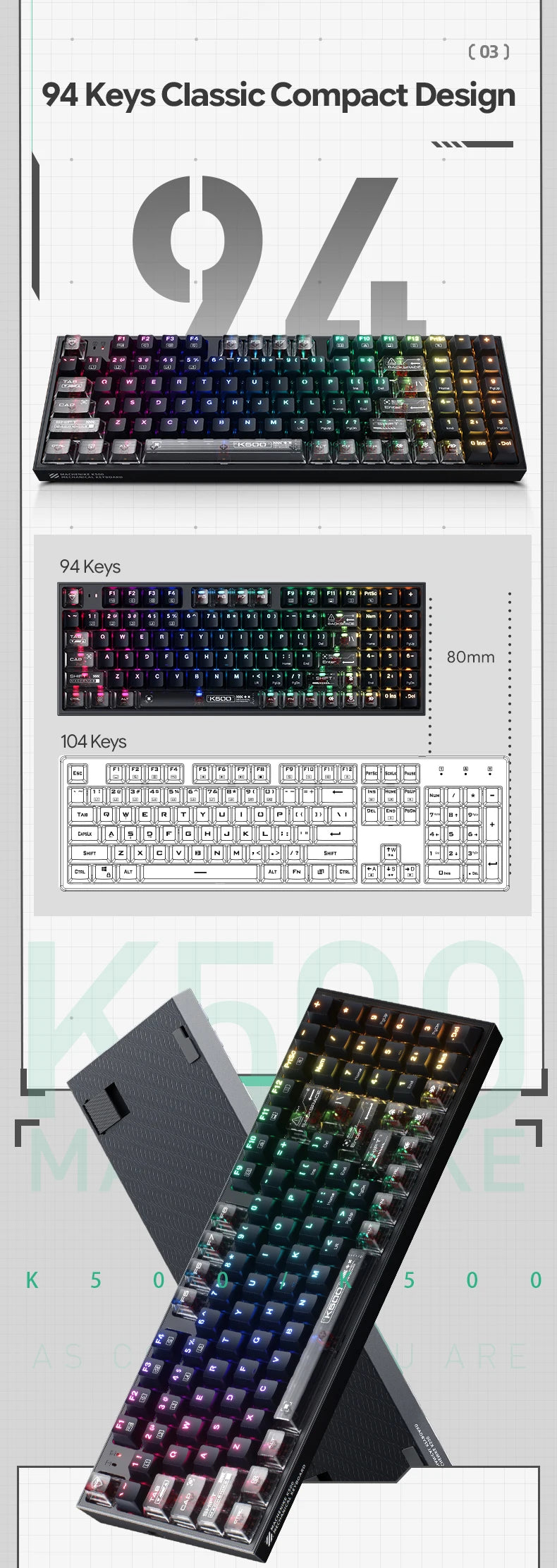 MACHENIKE K500 Mechanical Keyboard Wired Gaming Keyboard K500-B94 Hot Swappable 94 Keys 90% Layout RGB BackLight for PC Laptop