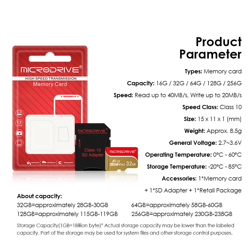 Class 10 Micro Memory Card, Mini SD Flash Card, TF Card, 128GB, 64GB, 32GB, 16GB, 256GB, For Smartphone PC