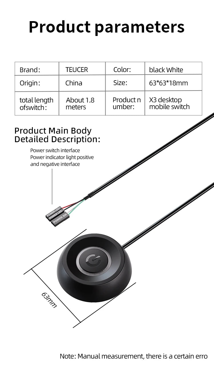 COOLCIRC Computer Desktop External Switch Blue LED Light PC Motherboard External Start Power On/Off Button For Home Office ﻿
