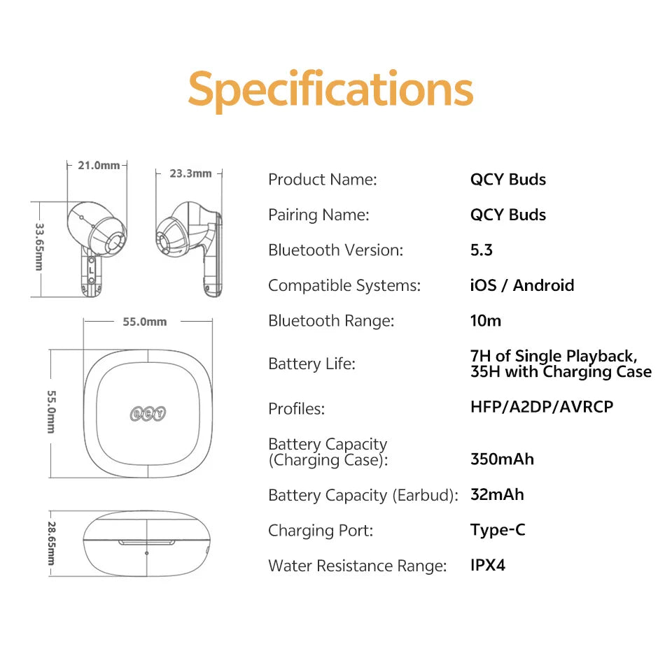 QCY Buds TWS Bluetooth 5.3 Wireless Earphones 10mm Dynamic Driver AI Wind Noise Reduction Earbud 0.68S Low Latency 35H Headphone