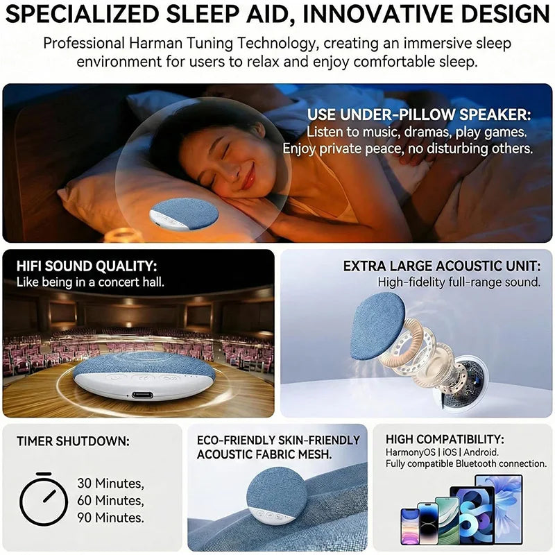 2026 Upgraded Wireless Sleep Aid Pillow Speaker Bluetooth Under Pillow Machine With White Noise 30/60/90 Min Timer Stereo Sound