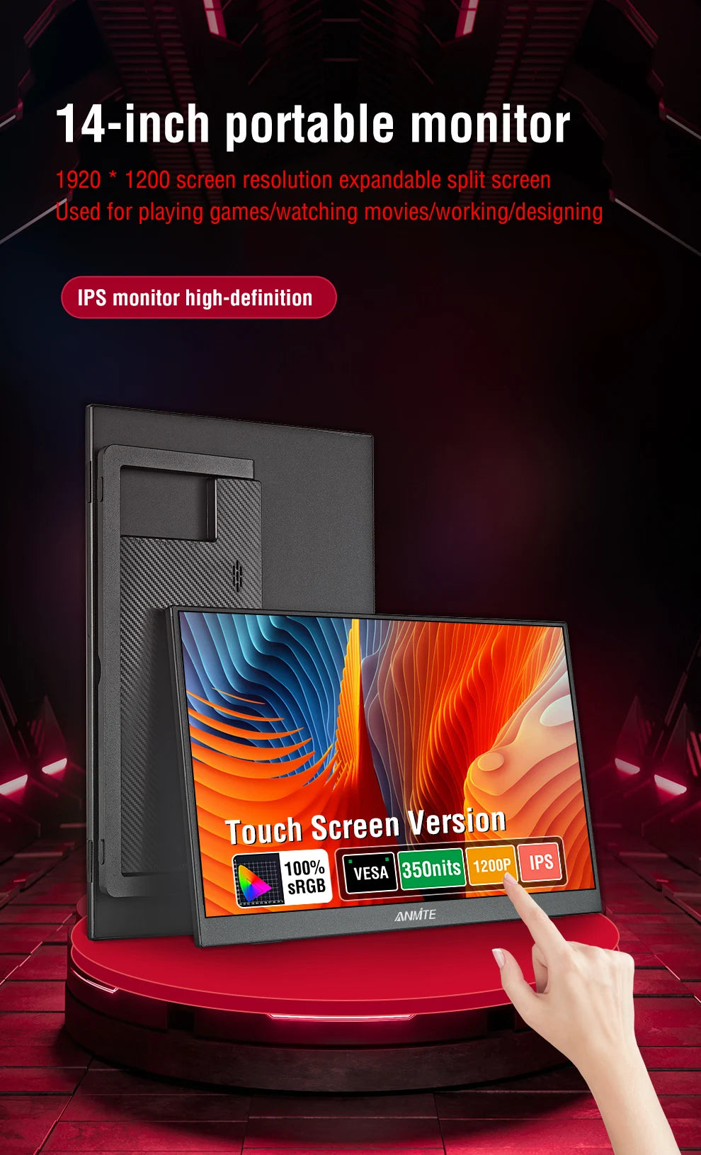 14 Inch Portable Touch Monitor Non-touch Optional 16:10 400cd/m2 Gaming Computer Expand Display For XBox PS4/5 Switch Loptop