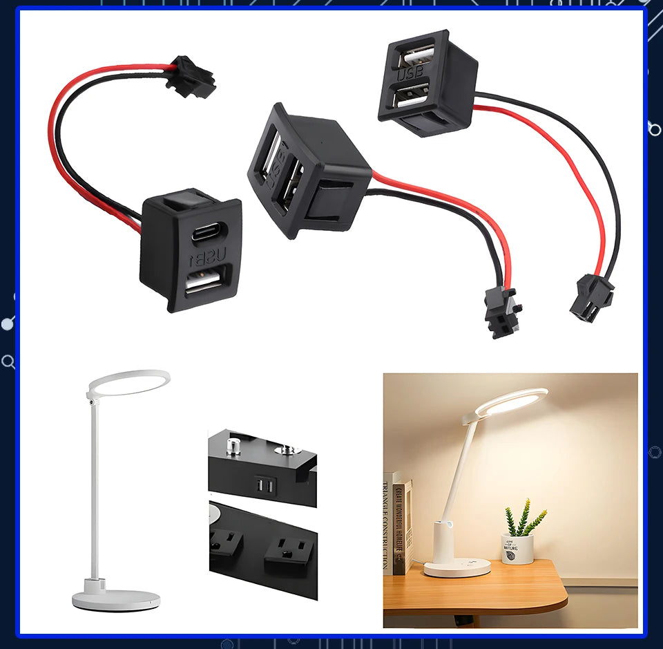Double Layer USB Female Base Type-C Socket with Cable Connector Female USB Lamp Charging Power Socket for Electronics