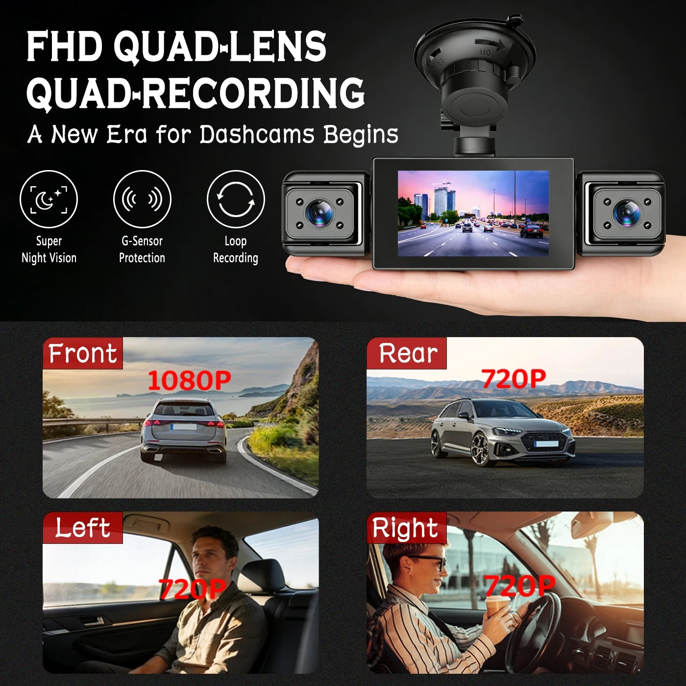 BCUOZ 4-Lens 360° Dashcam with Super Night Vision - 1080P Front 720P Rear Left Right Car Cameras G-Sensor Loop Recording WDR 12-24V Plug Power Supply Optional 64GB Memory Card