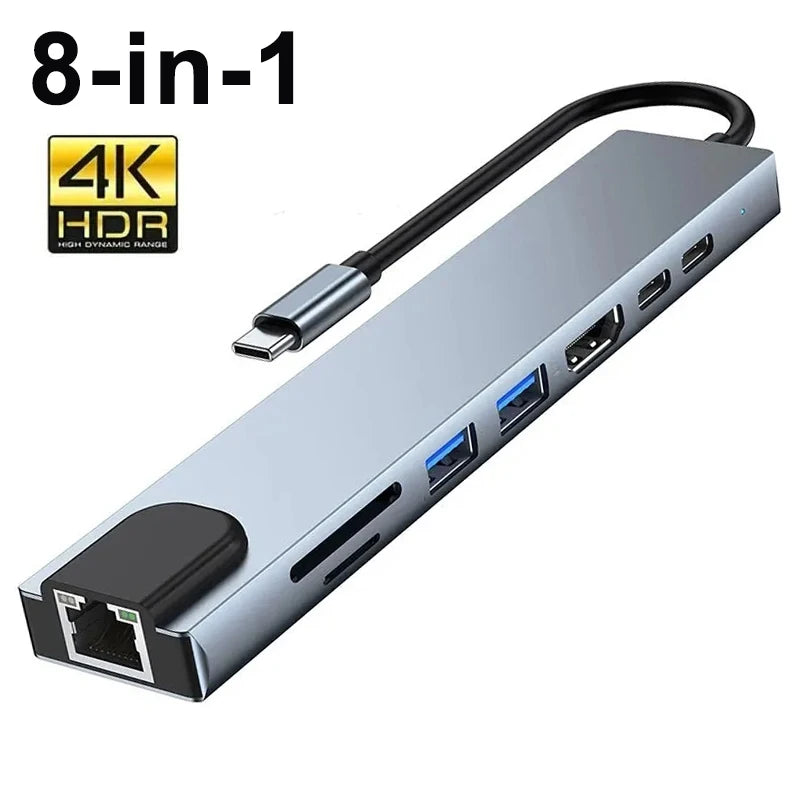 8 In1 Usb C Hub 3.0 Type C Splitter 4k Docking Station Laptop Adapter Pd Sd Tf For Macbook Air M1 Ipad Pro Rj45 Hdmi-Compatible