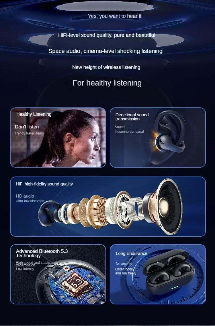 TWS Bluetooth Headset 5.3 Wireless Air Conduction Headphones Clip Ear Music Noise Canceling HD Call Sports Gaming Earphone