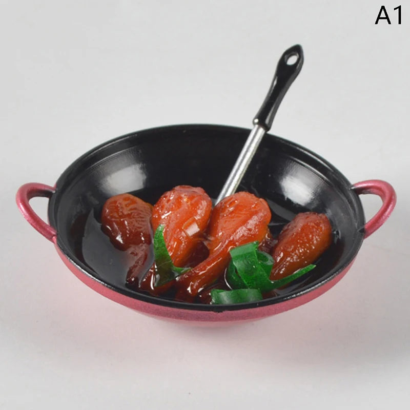 1/12 Dollhouse Miniature Accessories Mini Metal Cooking Pot with Food Simulation Kitchen Kitchenware Model Toy Doll House Decor