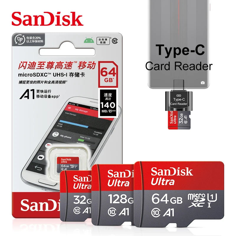 Original SanDisk A1 Memory Card 256GB 128GB 100MB/S 64GB 32GB Micro SD Card Class 10 UHS-1 Flash MicroSD TF + Type-C Card Reader