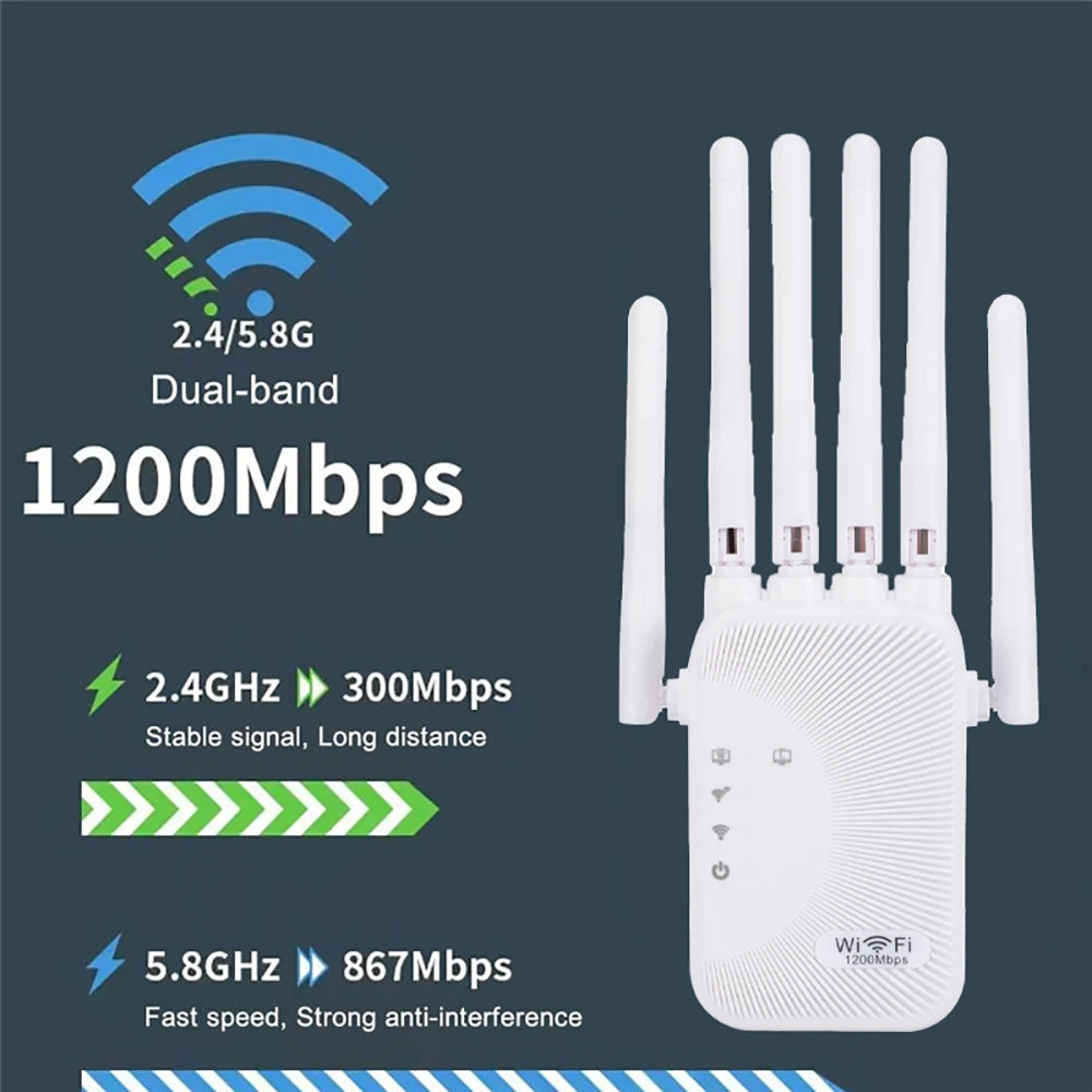 Kebidumei 1200/300Mbps Wifi Repeater Amplifier 2.4G 5G Network Expander Range Extender WiFi Signal Booster Wireless Wi-Fi Router