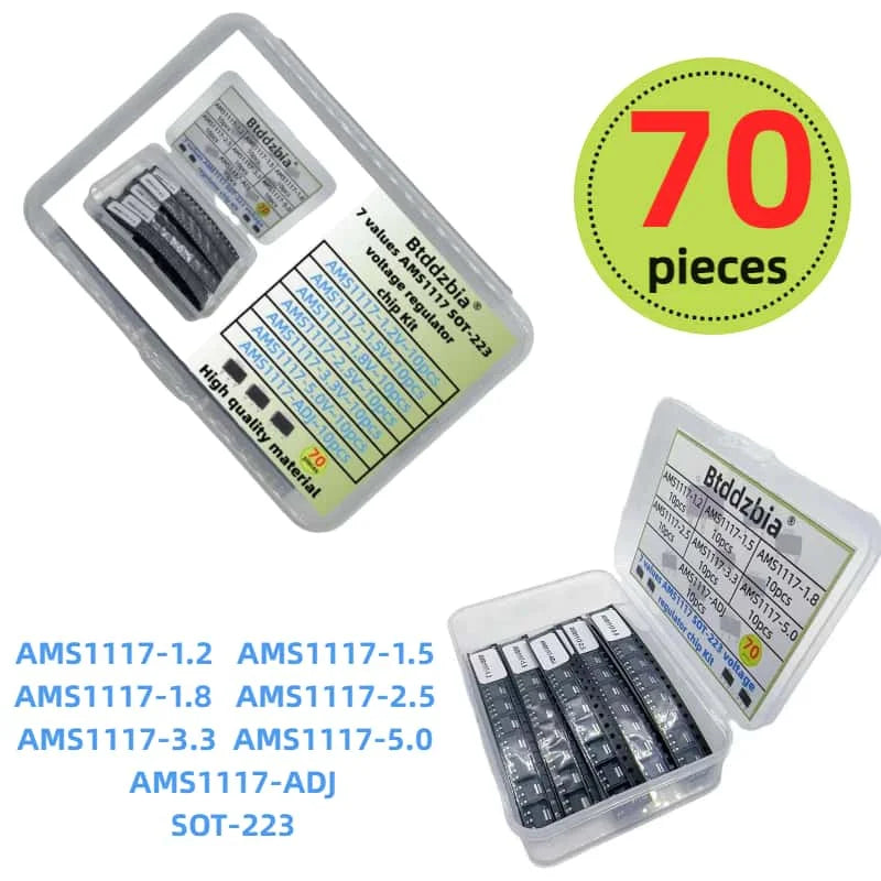 70PCS Voltage Regulator Kit AMS1117 SOT-223 AMS1117-3.3V AMS1117-ADJ AMS1117-5.0V AMS1117-2.5V AMS1117-1.8V AMS1117-1.5V 1.2V-5V