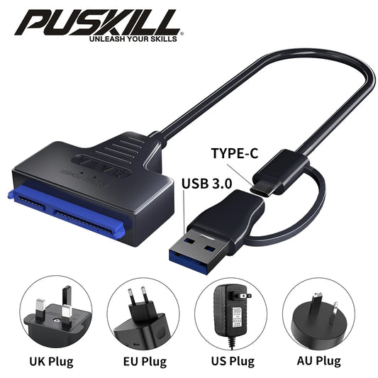 USB 3.0 to SATA Cable for 3.5/2.5 Inch SSD HDD SATA III Hard Drive Disk with 12V/2A Power Adapter