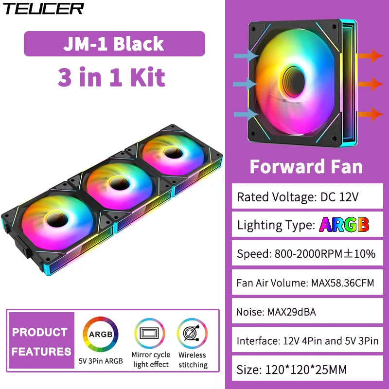 TEUCER JM-1 Computer Case Fan ARGB Mirror Cycle Light Effect 120mm 4Pin PWM PC Cooling Fan Low Noise Water Cooling Ventilador