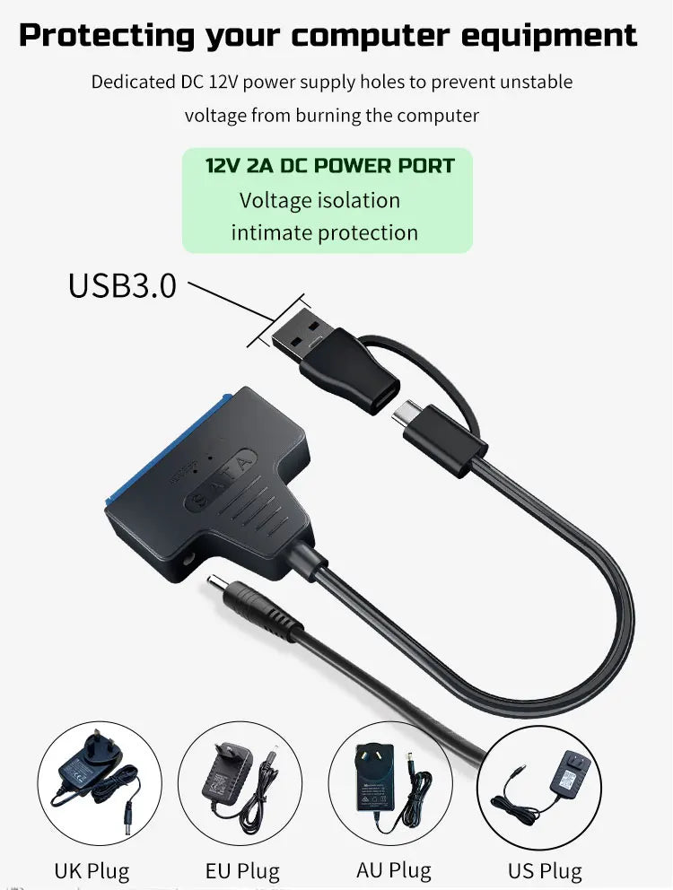 USB 3.0 to SATA Cable for 3.5/2.5 Inch SSD HDD SATA III Hard Drive Disk with 12V/2A Power Adapter