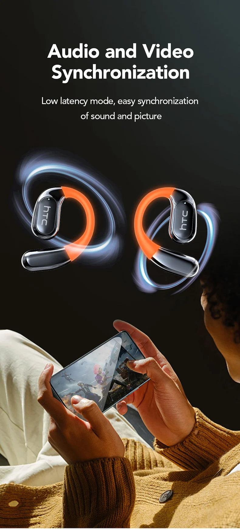 HTC NE27 Wireless Headphones Bluetooth 5.4 AI Translator Earbuds Glowing Earhook Upgraded LCD Touchscreen ENC Noise Reduction