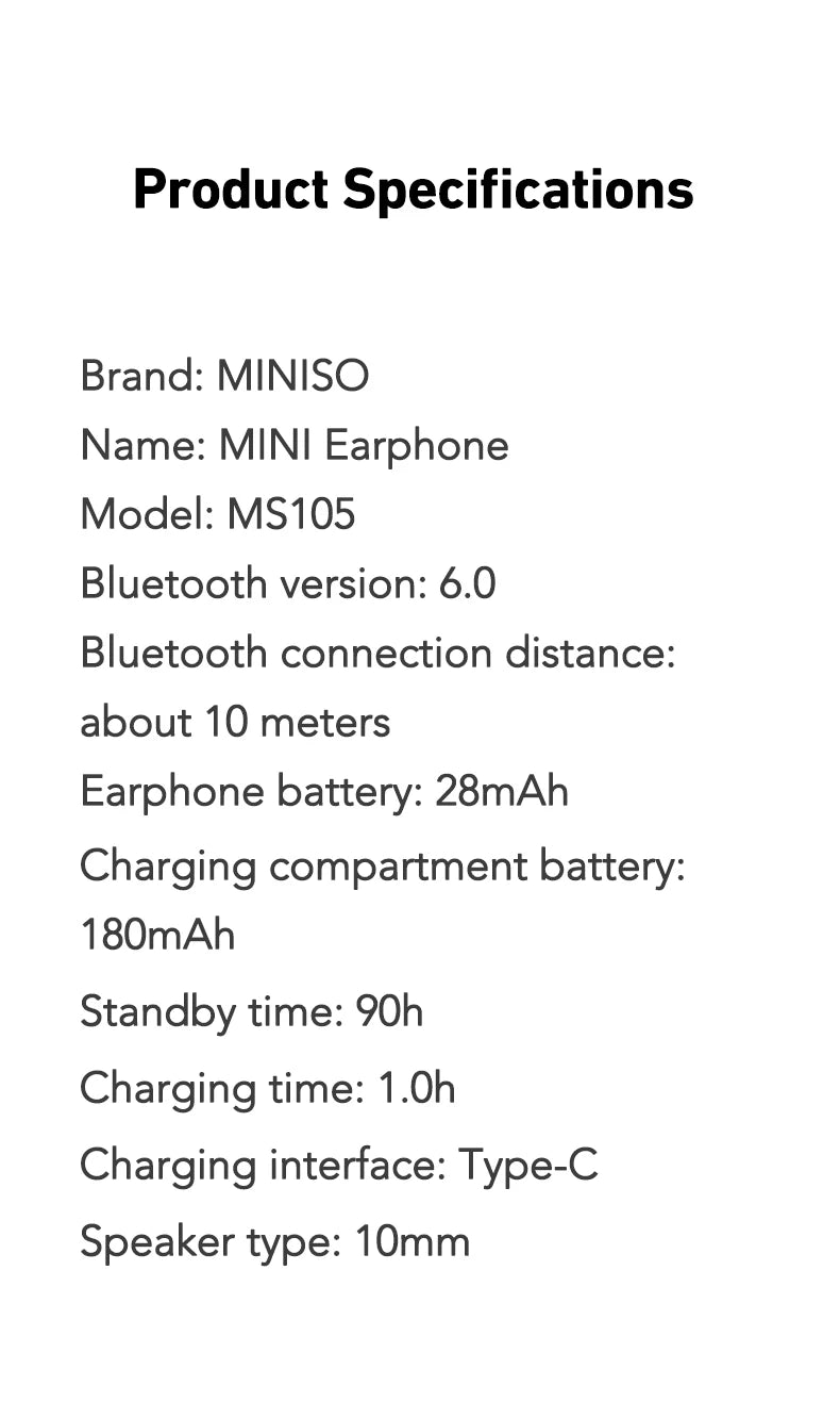 MINISO MS105 Bluetooth Earphone In-Ear Earbuds Soft Earbuds Wireless Headphones Waterproof IPX5