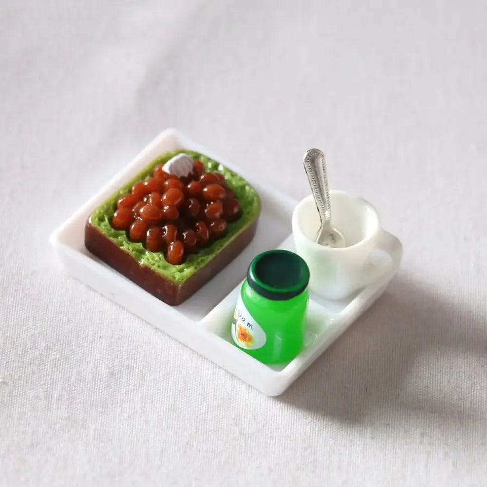 1set Dollhouse MIniature Toast Bread Jam Food Model Dinner Plate Cup Spoon For Doll House Play Kitchen Accessoreis