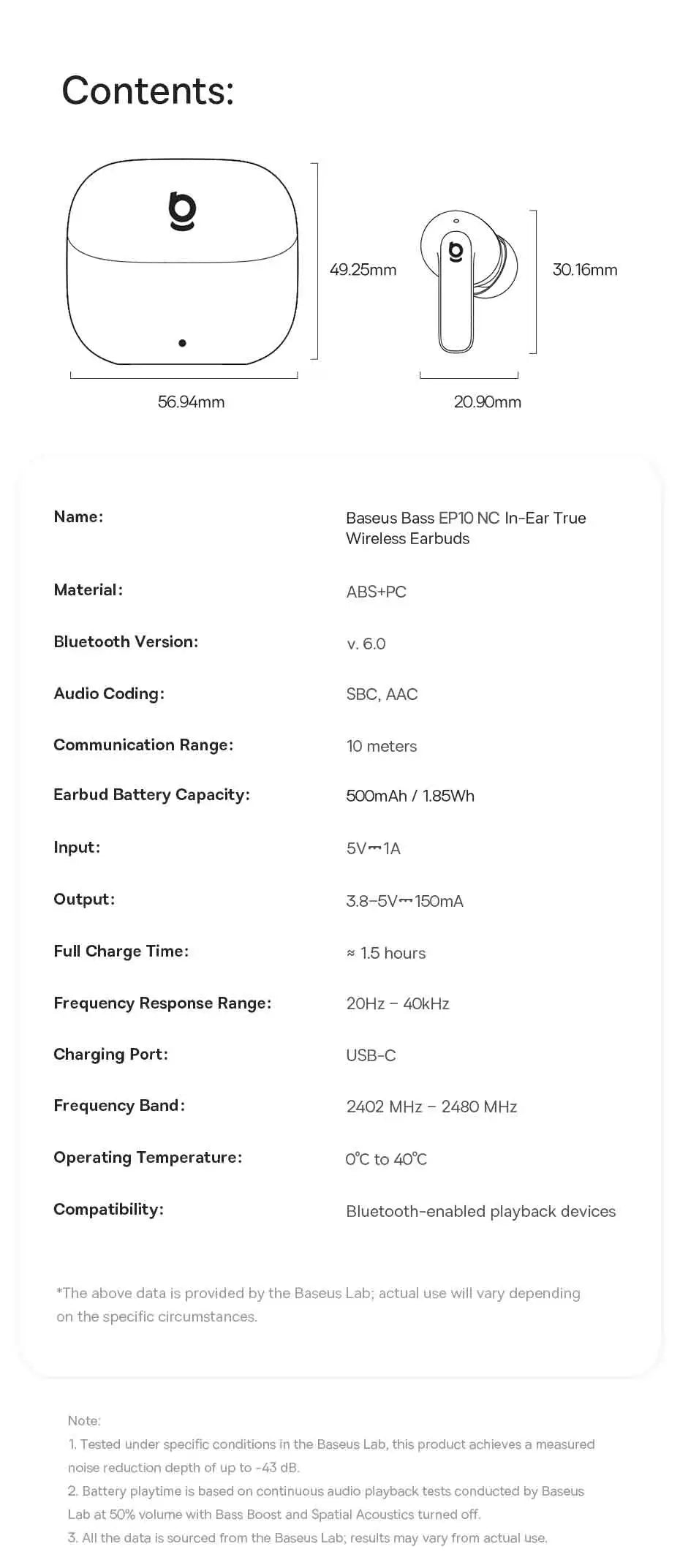Baseus Bass EP10 NC -43dB Noise Cancelling ANC True Wireless Earbuds Bluetooth 6.0 In-Ear Wireless Earphones 4-Mics ENC Ear buds