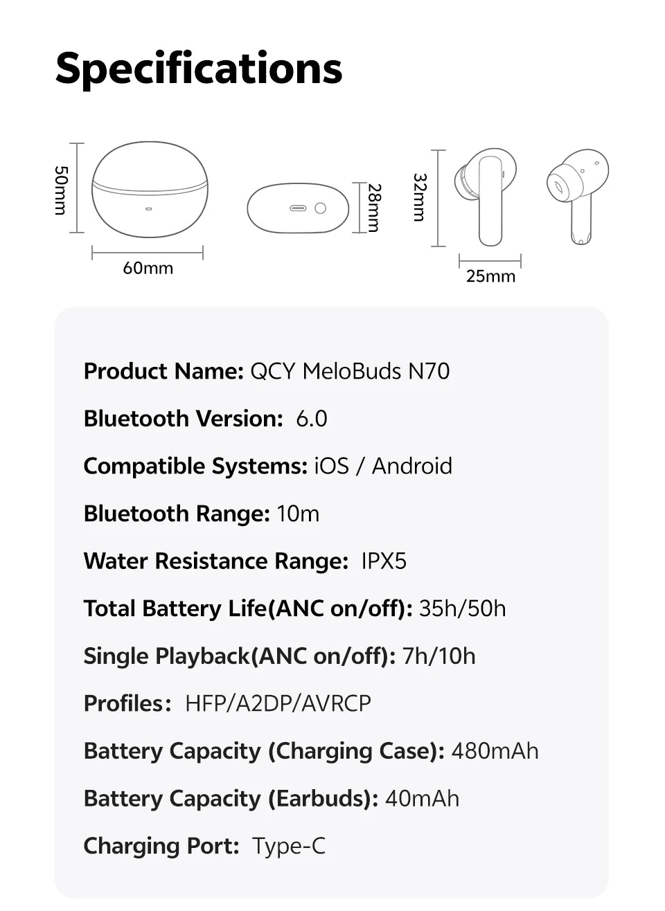 QCY MeloBuds N70 Adaptive ANC Wireless Earbuds Bluetooth 6.0 LDAC Hi-Res Audio 6 Mics Wireless Charging Earphones 50Hrs IPX5