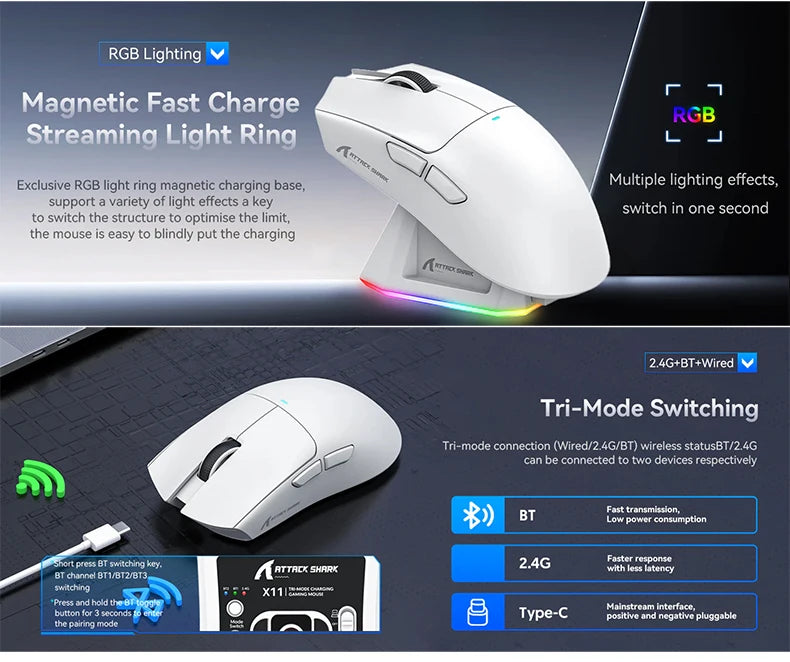 Attack Shark X11 Wireless Mouse,Tri-Mode Connection, PixArt PAW3311, Touch Magnetic Charging Base, Macro Gaming Mouse