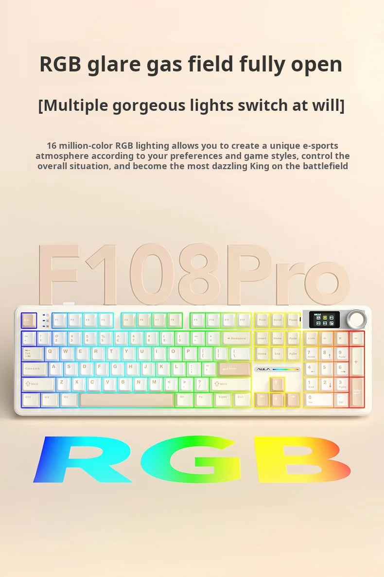 AULA F108Pro/F108 Wireless Bluetooth tri-mode connection, multi-functional display, Gasket structure, RGB lighting effects