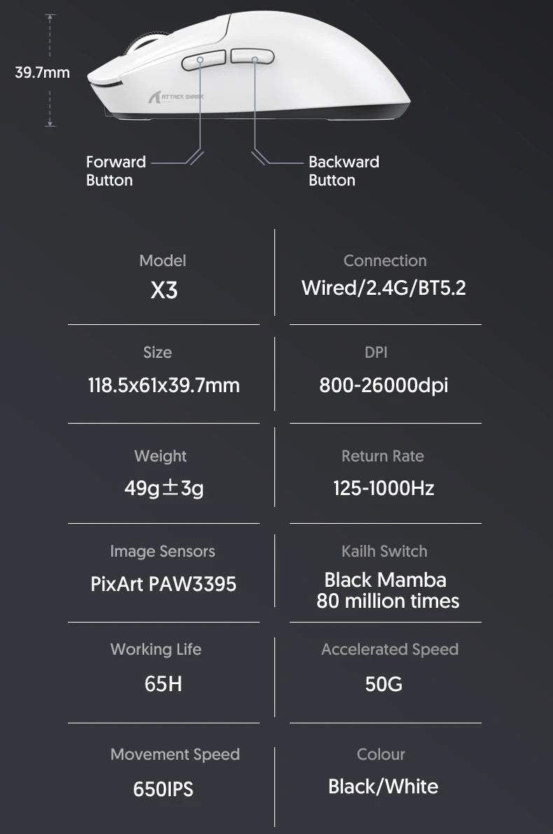 X3 ATTACK SHARK X3Pro Bluetooth Gaming Mouse PAW3395 Sensor TTC Encoder Black Mamba Switch and 1K/4K Hz for Wireless Mouse