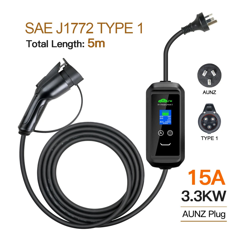 ERDAN 3.3kw J1772 Type 1 IEC62196-2 Type 2 Timing Protable EV Charger 8A 10A 13A 15A Adjustable 110V~250V With AU/NZ Power Plug