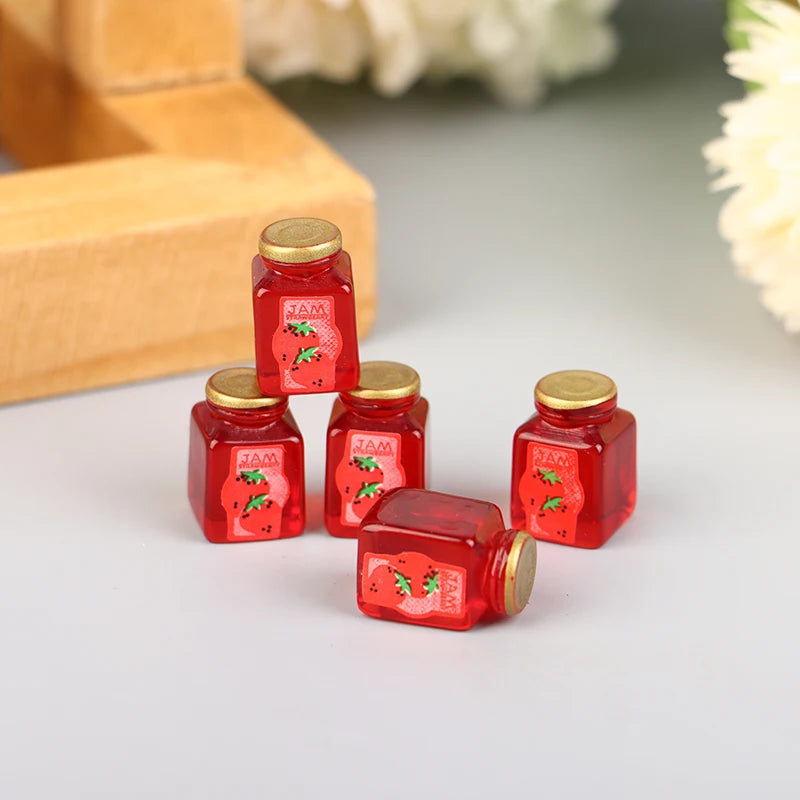5Pcs 1/12 Dollhouse Miniature Strawberry Sauce Jam Jar Kitchen Food Accessories For Dolls House Decorations Kids Toys Gift