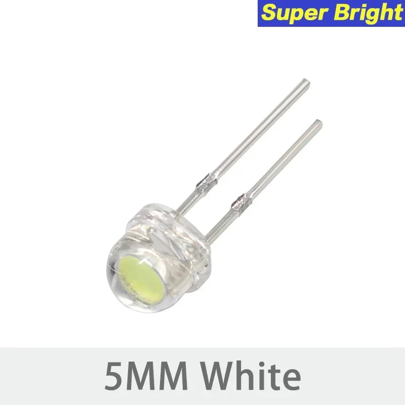 100pcs LED Diode F5 Super Bright Straw Hat LED 5mm Light Emitting Diodes Blue Green Red Yellow White, for DIY Electronic