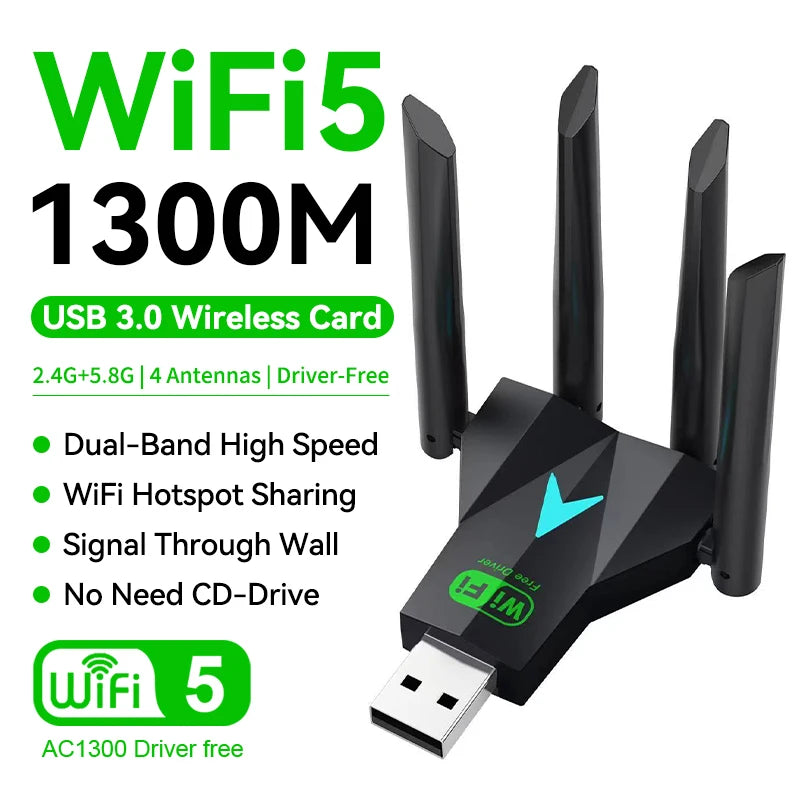 1300Mbps WiFi USB Adapter Dual Band 2.4G/5Ghz Wi-Fi Dongle USB3.0 High-Speed 802.11AC 4-Antennas Wireless Receiver Driver Free