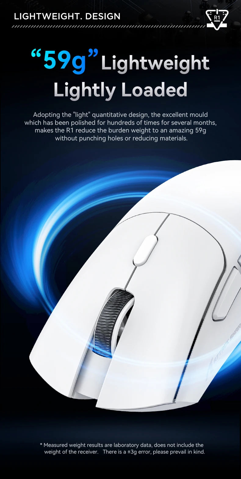 R1 Attack Shark Lightweight Wireless Mouse, 18000dpi,1000Hz PAW3311,Bluetooth Tri-mode Connection, Macro Gaming Mouse @3C1