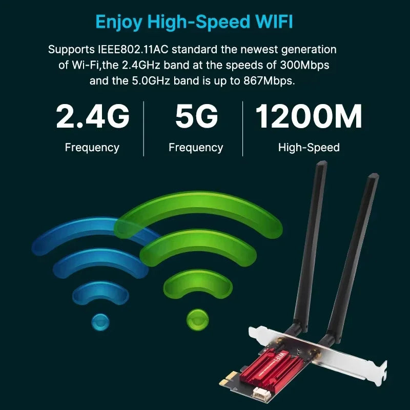 KEBIDUMEI WiFi 5 PCI-E Wireless Adapter Network Card AC1200 Dual Band 2.4G/5GHz 802.11AC For Bluetooth 4.0 Desktop Laptop Win11