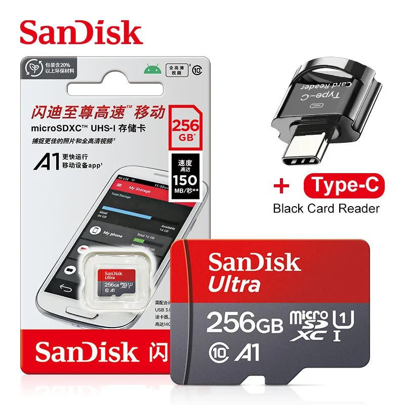 Original SanDisk A1 Memory Card 256GB 128GB 100MB/S 64GB 32GB Micro SD Card Class 10 UHS-1 Flash MicroSD TF + Type-C Card Reader