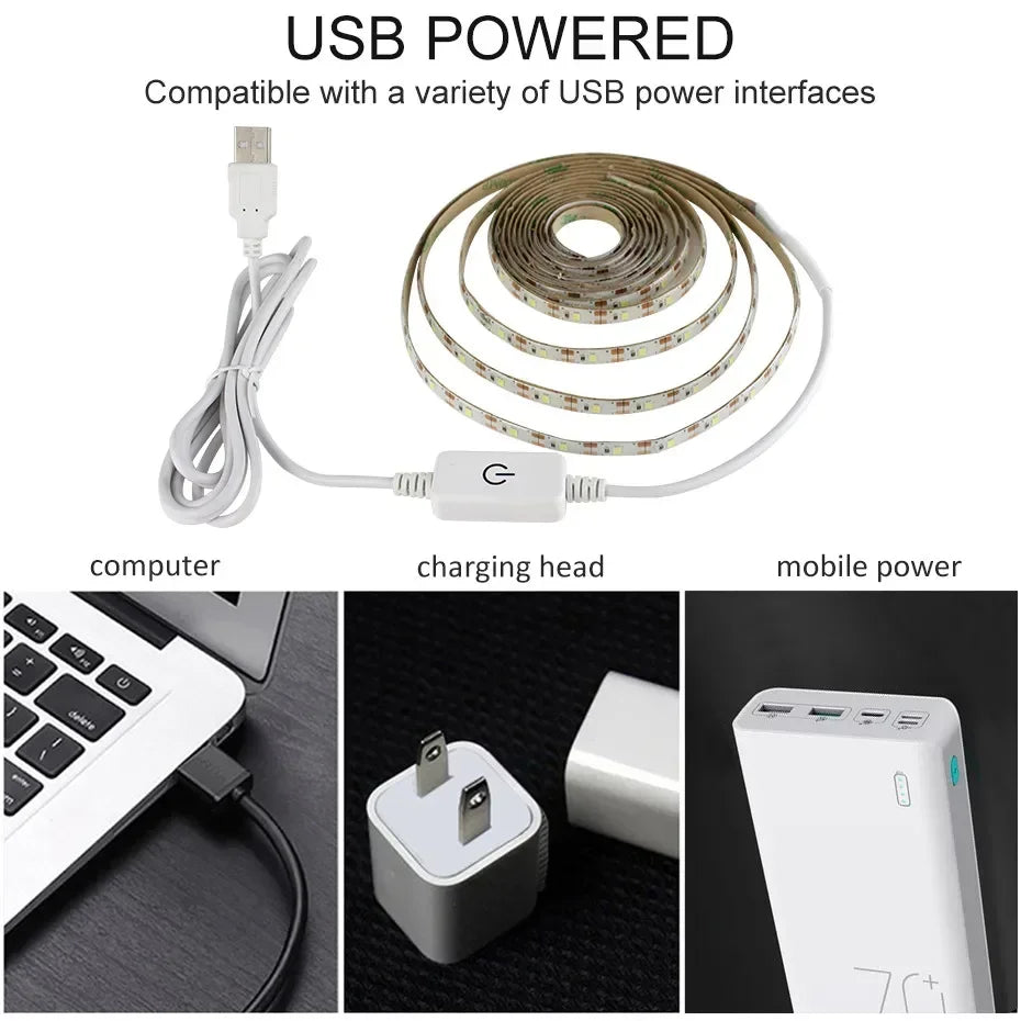 LED Strip Light with Touch Switch USB 2835SMD LED Light Stylish Tape Ribbon Flexible Decorative Lighting Bedroom Decorations